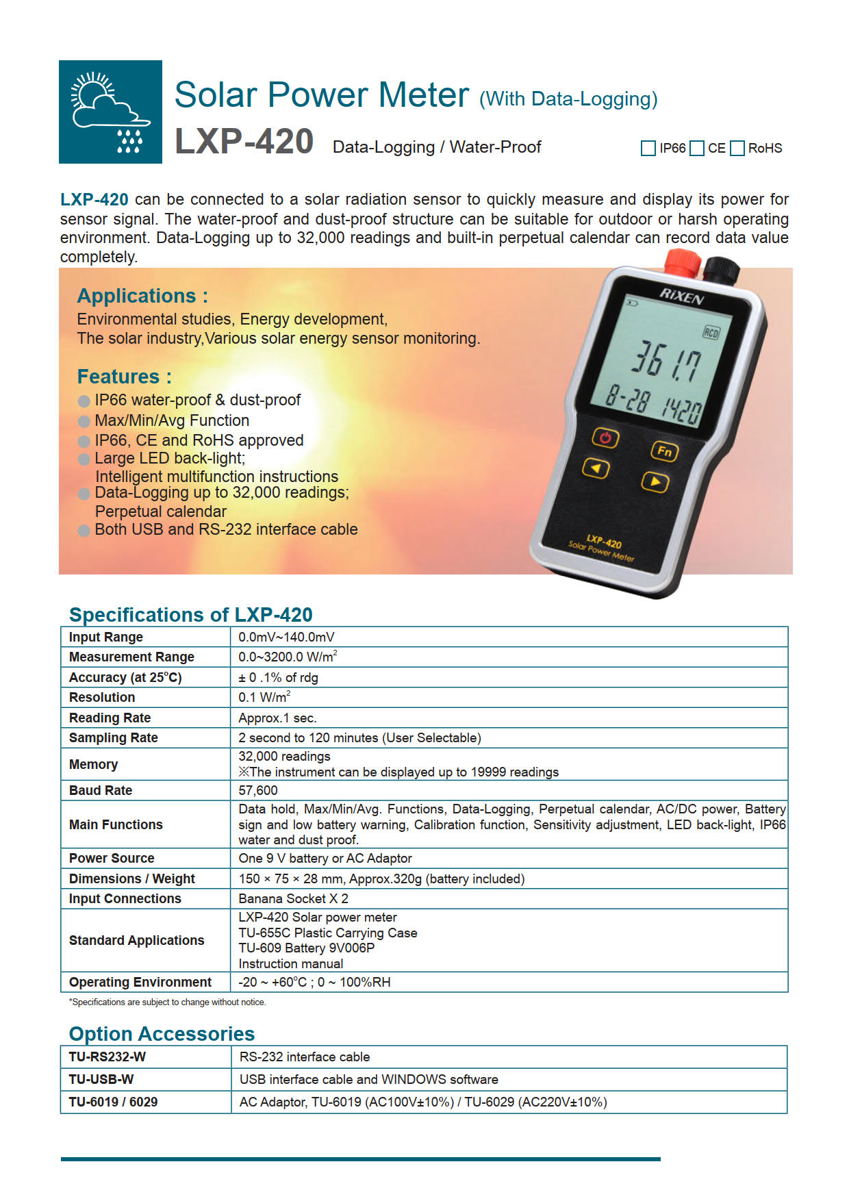 Rixen รุ่นLXP-420เครื่องวัดและบันทึกค่าข้อมูลพลังงานแสงอาทิตย์,Solar Power Meter(Data-Logging)