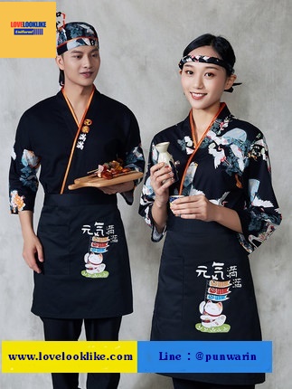 ชุดซูชิกิโมโนสไตร์ญี่ปุ่นเสริฟ สำหรับห้องอาหารญี่ปุ่นเกาหลีจีน เสื้อเชฟ พ่อครัว บริกร สีภาพ S M L XL XXL G6412006 เสื้อตัวเดียว