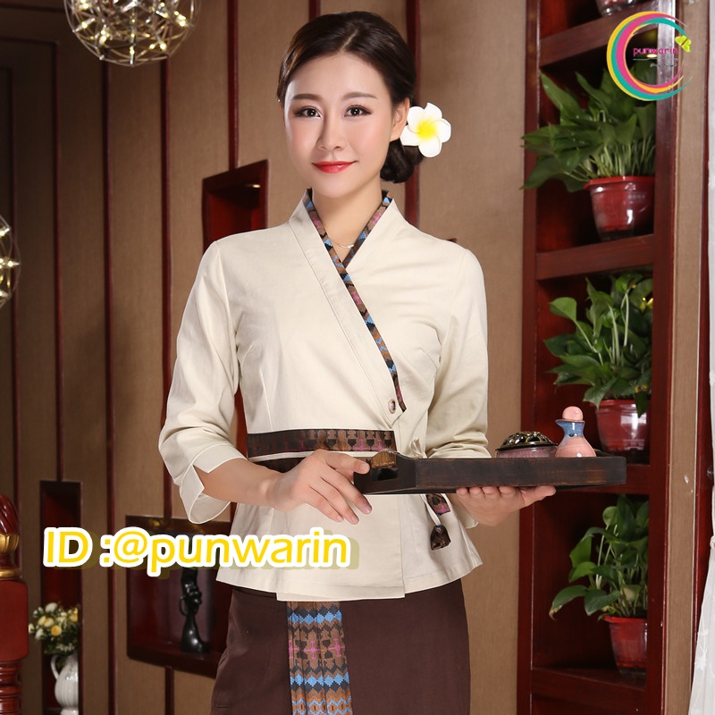 ชุดพนักงานนวดสปาแแบบไทย ชุดพนักงานเสริมสวย ชุดทำงาน ชุดสูท น้ำตาล ขาว S-4XL S6409004 ชุด