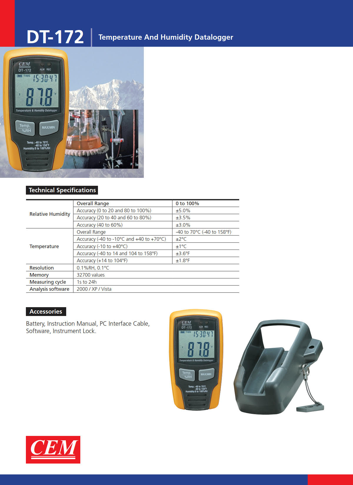 CEM รุ่นDT-172เครื่องบันทึกอุณหภูมิและความชื้นTemperature and Humidity Data Logger,Meas.range:-40~70°C