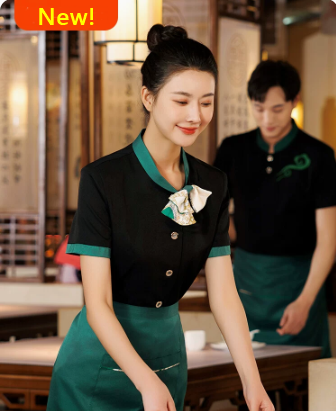 เสื้อฟอร์มพนักงานร้านอาหารกาแฟโรงแรม แขนสั้น ดำ ขาว L,XL,XXL,3XL,4XL F6705005 เสื้อ+กันเปื้อน ** ขั้นต่ำ 2 ตัว