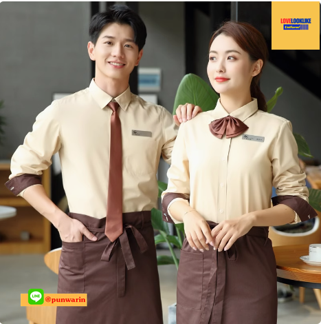 เสื้อพนักงานต้อนรับ เสื้อพนักงานเสริฟ เสื้อพนักงานโรงแรม เสื้อพนักงานร้านอาหาร น้ำตาล เบจ ฟ้า น้ำเงิน แดง L-4XL SKU-04240 เสื้อ+กันเปื้อน