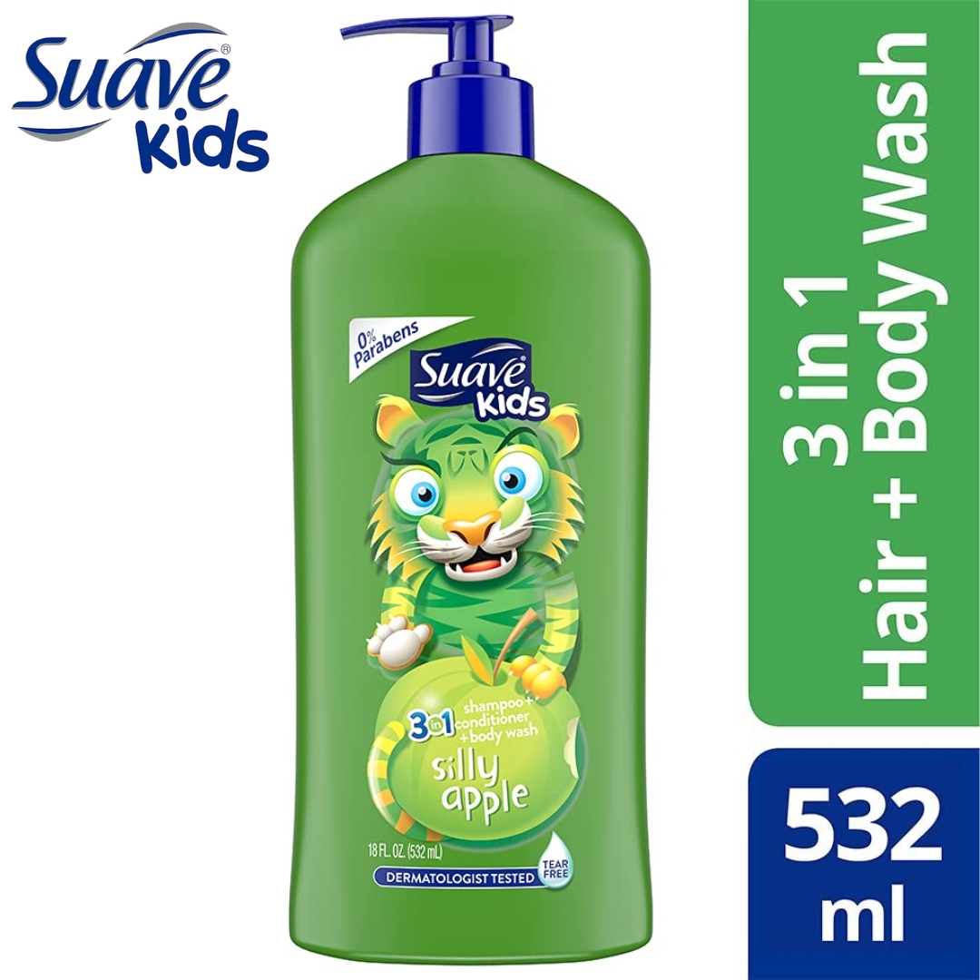 นำเข้า 🇺🇸 รุ่นใหม่ ✨🍏 Suave Kids 3-in-1 Silly Apple 🍏แชมพู + ครีมนวด + ครีมอาบน้ำ ในขวดเดียว ขนาด 18 oz ราคา 350 บาท / ขวด ** สินค้ายังไม่รวมค่าส่งนะคะ **