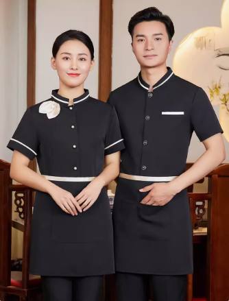 เสื้อฟอร์มพนักงานร้านอาหารกาแฟโรงแรม แขนสั้น แดง ดำ ม่วง L,XL,XXL,3XL F6705004 เสื้อ+กันเปื้อน ** ขั้นต่ำ 2 ตัว