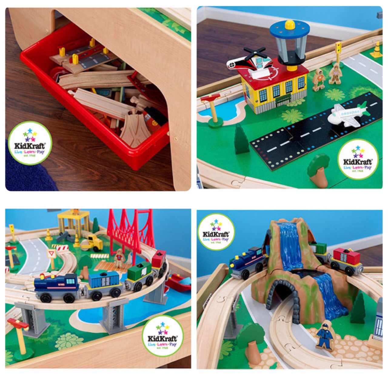 KidKraft Wooden Train Table with 3 Bins and 120-Piece Waterfall Mountain Train Set โต๊ะกิจกรรมจำลองเมืองรถไฟขนาดใหญ่