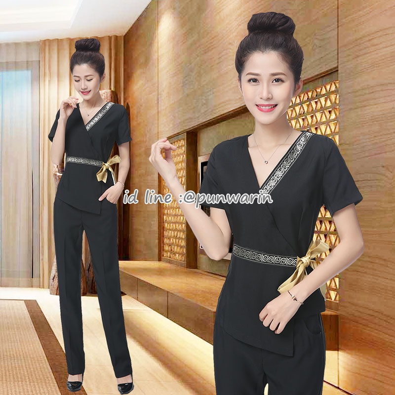 ชุดพนักงานนวดสปา ชุดพนักงานเสริมสวย ชุดทำงาน ชุดสูท แขนสั้น ม่วง ดำ แดง S-3XL S6102007 ชุด