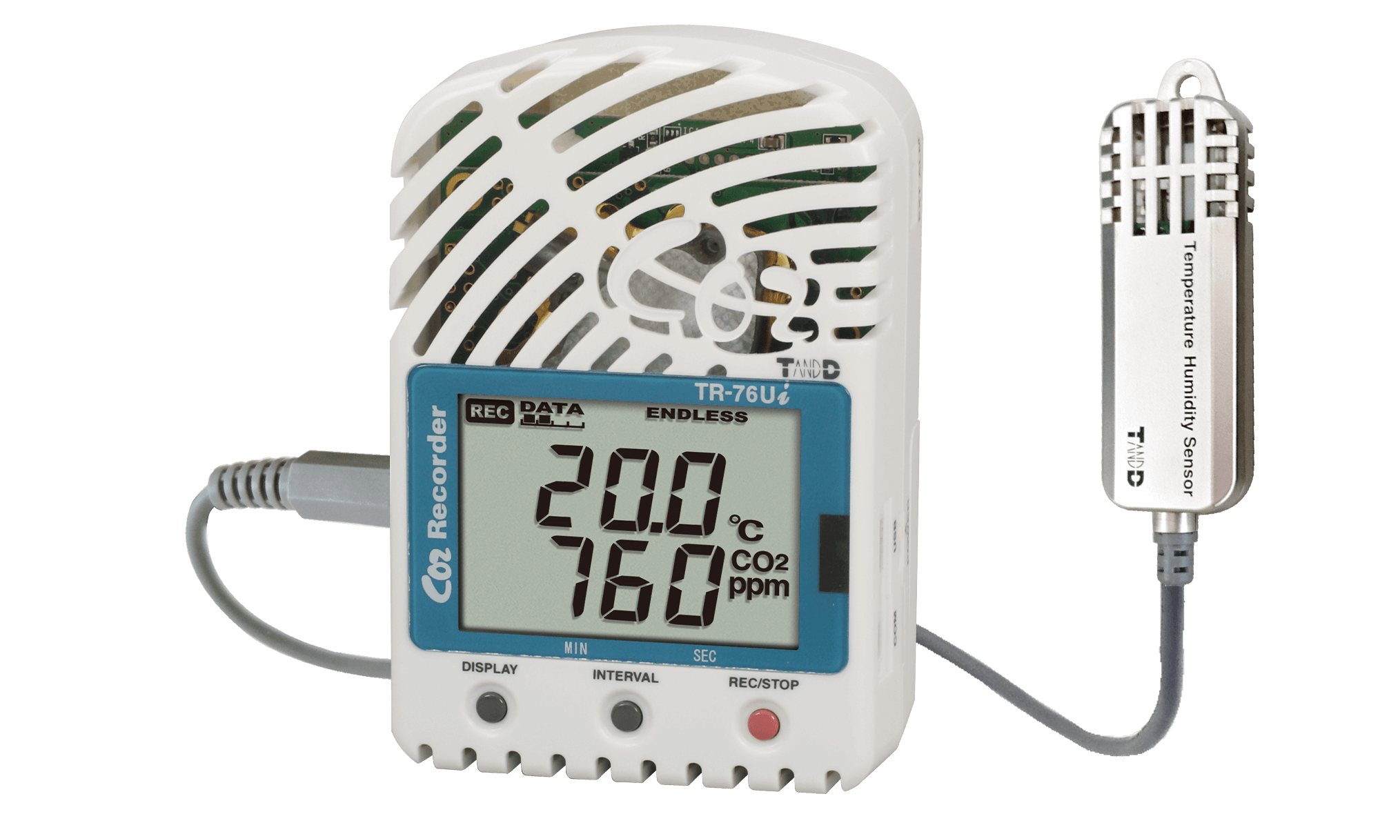 T&D รุ่นTR-76Ui-Sเครื่องบันทึกข้อมูลอุณหภูมิและความชื้นTemperature,Humidity,CO2 Data Logger,CO2:0~9999ppm,Temp.:-25~70°C,Humidity:0~99%RH(-20°C~)