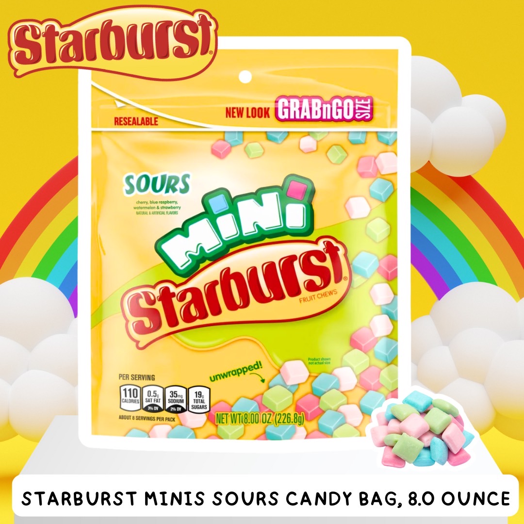 นำเข้า 🇺🇸 เปรี้ยวจี๊ด เคี้ยวเพลิน 🍓🍋🍒 STARBURST Minis Sours Candy – Bag 8.0 oz ลูกกวาดผลไม้เปรี้ยวหนึบ ราคา 350 บาท