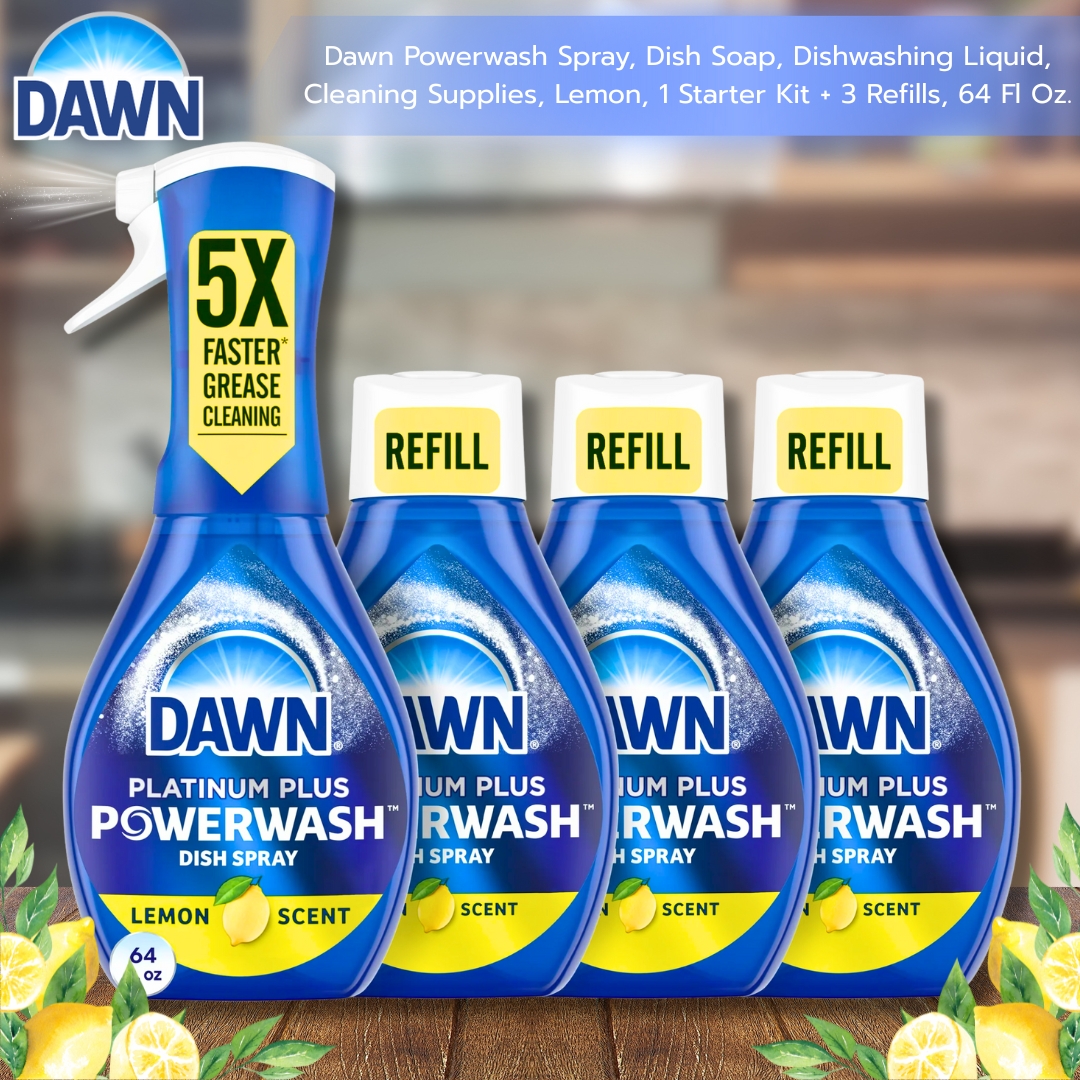 นำเข้า 🇺🇸 หยุดแช่‼️ เริ่มฉีด‼️ 🫧สเปรย์ Dawn Powerwash, น้ำยาล้างจาน, น้ำยาล้างจาน, อุปกรณ์ทำความสะอาด กลิ่นมะนาว 🍋 1 Starter Kit + 3 Refills, 64 Fl Oz. ✨