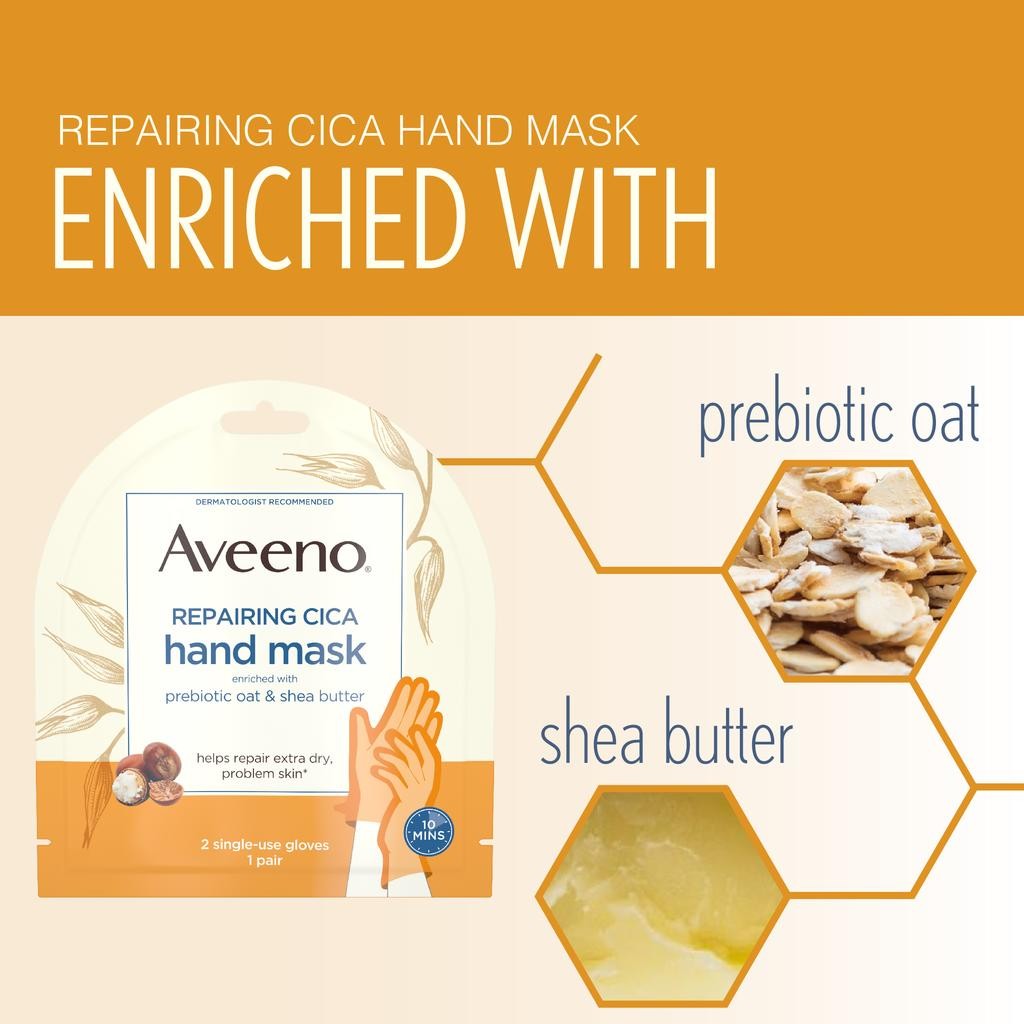 แผ่นมาส์กมือ Aveeno, Repairing Cica Hand Mask, 2 Single-Use Gloves
