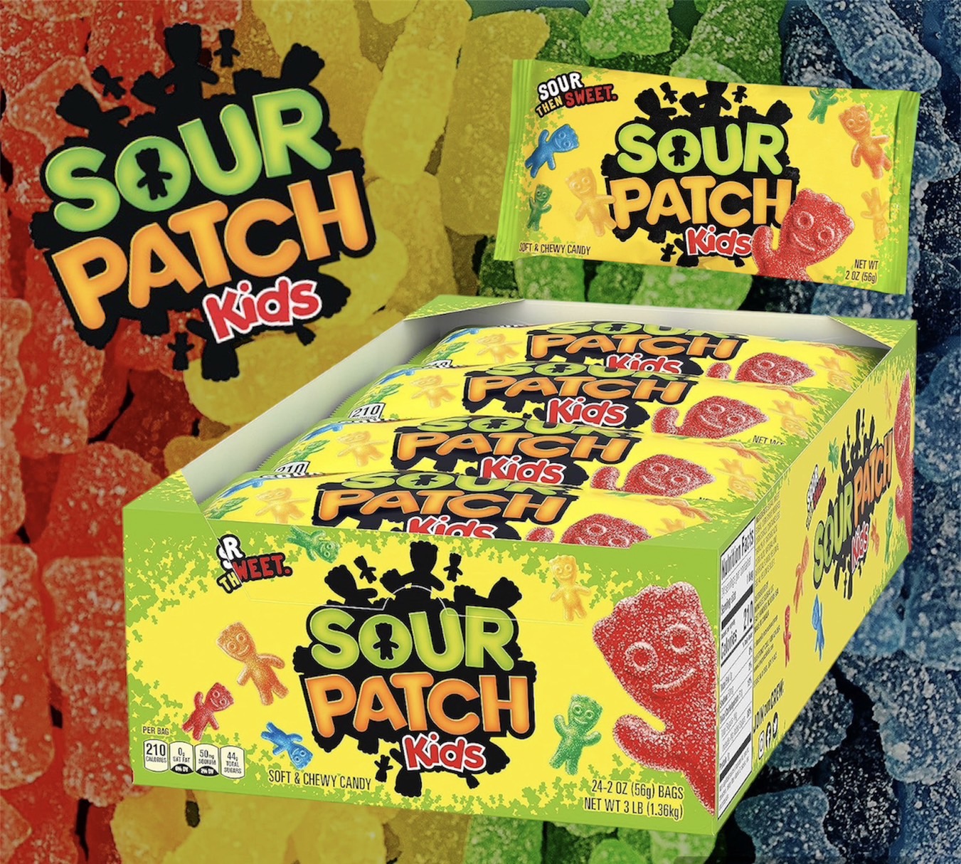 ขนมนำเข้าus เยลลี่รสเปรี้ยวสุดคลาสสิค SOUR PATCH KIDS Soft & Chewy Candy , 24ห่อ ( 2oz.)
