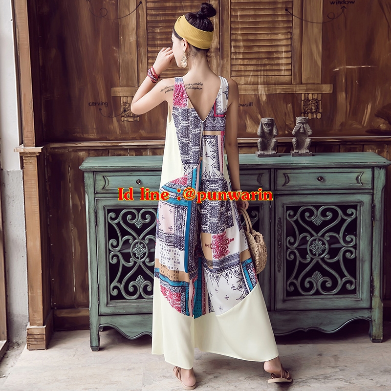ชุดจั้มสูทคอวียาว สีขาวแขนกุดสไตล์โมฮีเมียน สวยแซ็กซี่แปลกตา ขาว S-XL UM6211009 ชุด