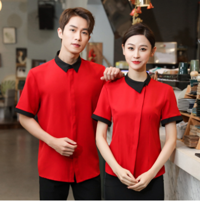 เสื้อฟอร์มพนักงานร้านอาหารกาแฟโรงแรม แขนสั้น แดง ดำ เทา L-3XL F6705019 เสื้อ ** ขั้นต่ำ 2 ตัว