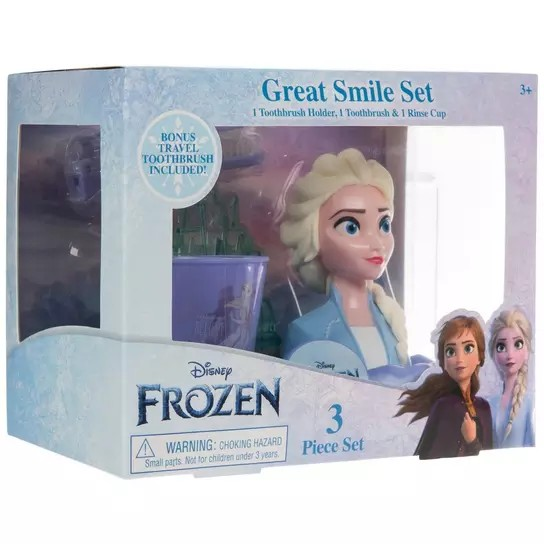 นำเข้า🇺🇸 เซ็ทแปรงสีฟัน-โฟรเซ่นDisney Frozen II 3-Piece Great Smile Elsa Toothbrush and Holder Set , ราคา 690 บาท