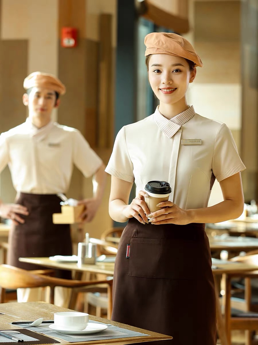 เสื้อฟอร์มพนักงานร้านอาหารกาแฟโรงแรม แขนสั้น เบจ ฟ้า S-4XL F6809002 เสื้อ+เปื้อน* ขั้นต่ำ 2 ตัว