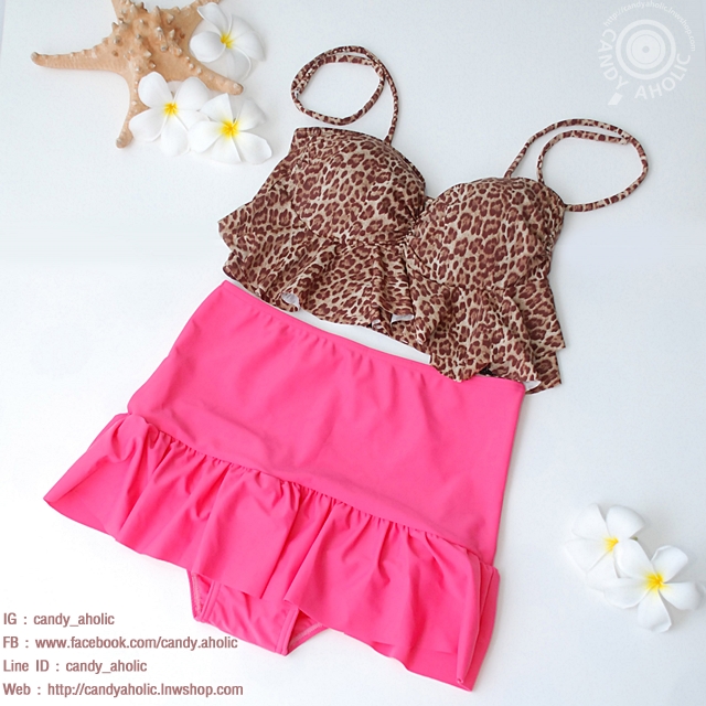 (XL) ชุดว่ายน้ำ ลายเสือดาว ช่วยพรางหุ่น ทรงจีบอก สายผูก สองสีให้เลือก รายละเอียดของสินค้า