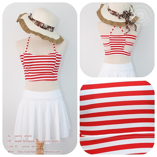 (free size) ชุดว่ายน้ำ สีขาวแดง ลายขวาง โชว์หลัง