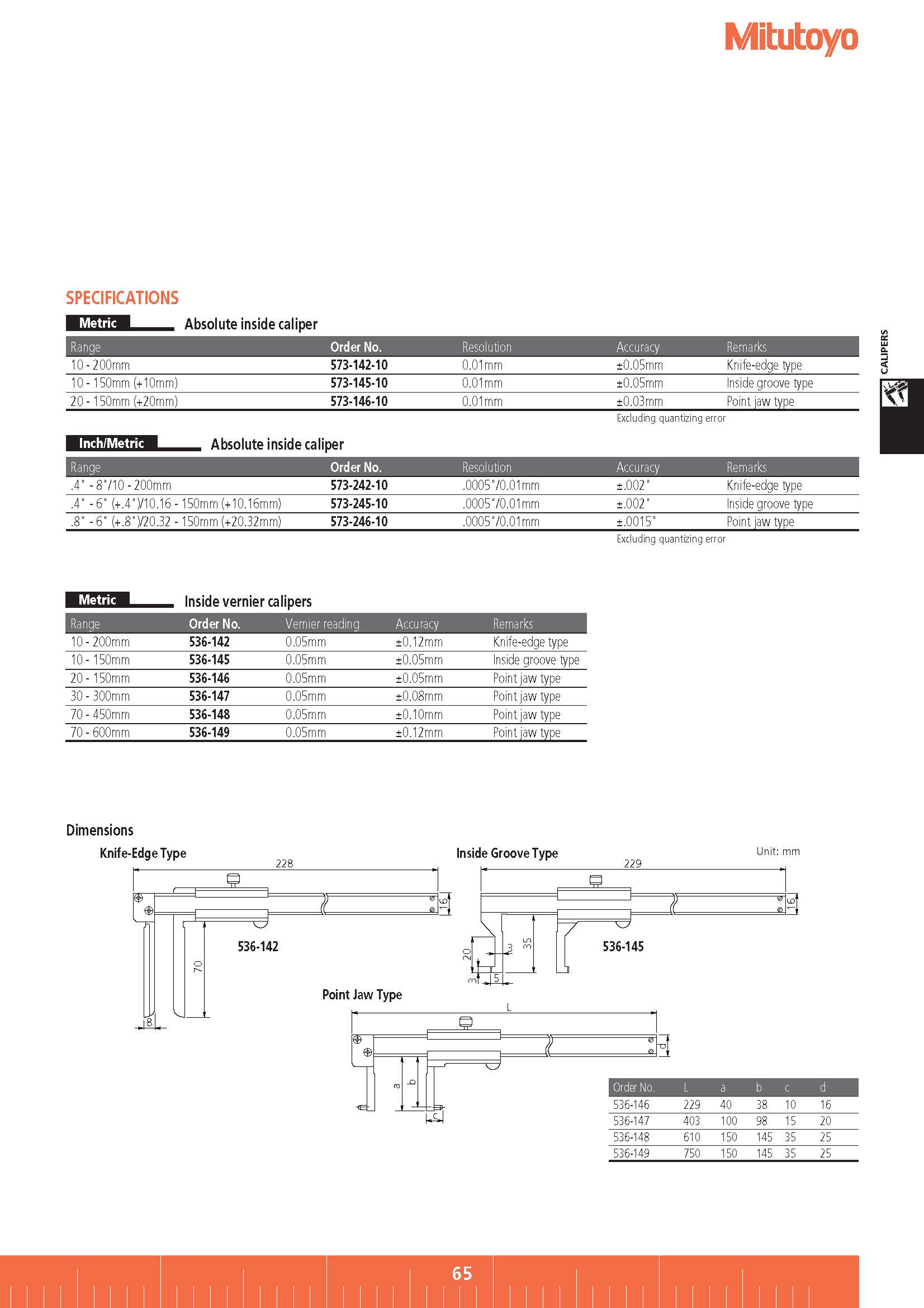 Inside Caliper SERIES 573, 536 — Knife-Edge/Inside Groove/Point Jaw Type