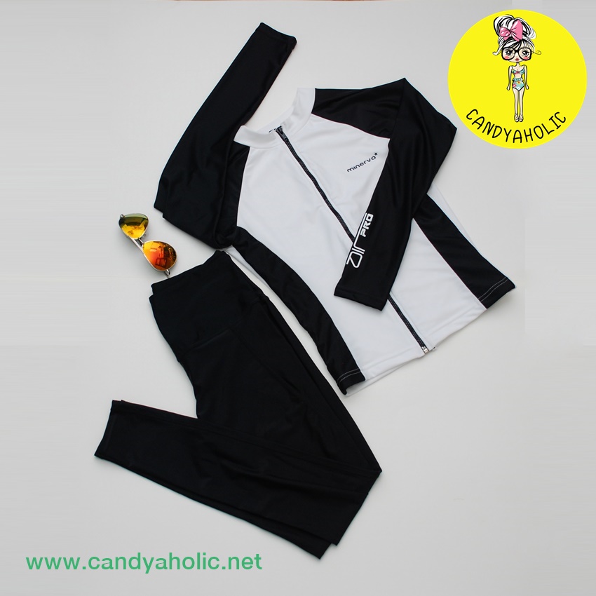 [Size M,L] ชุดว่ายน้ำ แขนยาว ซิปหน้า รุ่น MINERVA AIR PRO (สีขาวแขนสีดำ) และ กางเกง Legging ขายาว (สีดำ)
