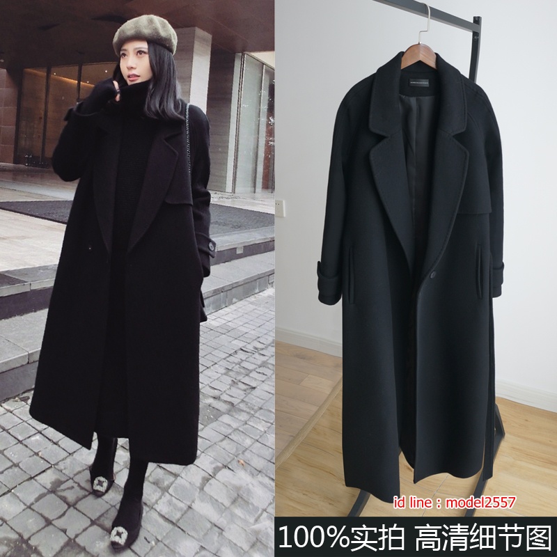 CW6107007 เสื้อโค้ทเกาหลีตัวยาวผ้าผสมขนสัตว์ฤดูหนาวสีดำปกสูท ดำ XS S M L XL XXL CW6107007 ตัว