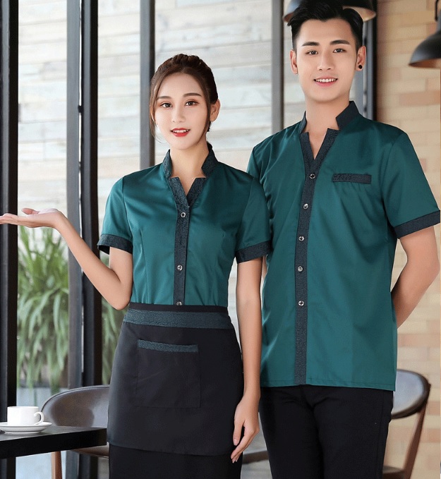 F6203003 เสื้อพนักงานต้อนรับ เสื้อพนักงานเสริฟ เสื้อพนักงานโรงแรม เสื้อพนักงานร้านอาหาร ดำ แดง เขียว L-3XL F6203003 เสื้อ+ ผ้ากันเปื้อนตามรูป