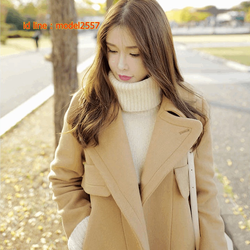 CW6109001 เสื้อโค้ทเกาหลีตัวยาวผ้าผสมขนสัตว์ฤดูหนาวสีดำและน้ำตาลอ่อนปกสูท ดำ น้ำตาลอ่อน S M L XL CW6109001 ตัว