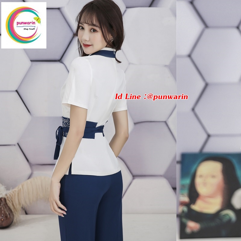 ชุดพนักงานนวดสปา ชุดพนักงานเสริมสวย ชุดพนักงานคลีนิคความงาม คลีนิคศัลยกรรม ฟ้าขาว S-3xl S6310006 ชุด