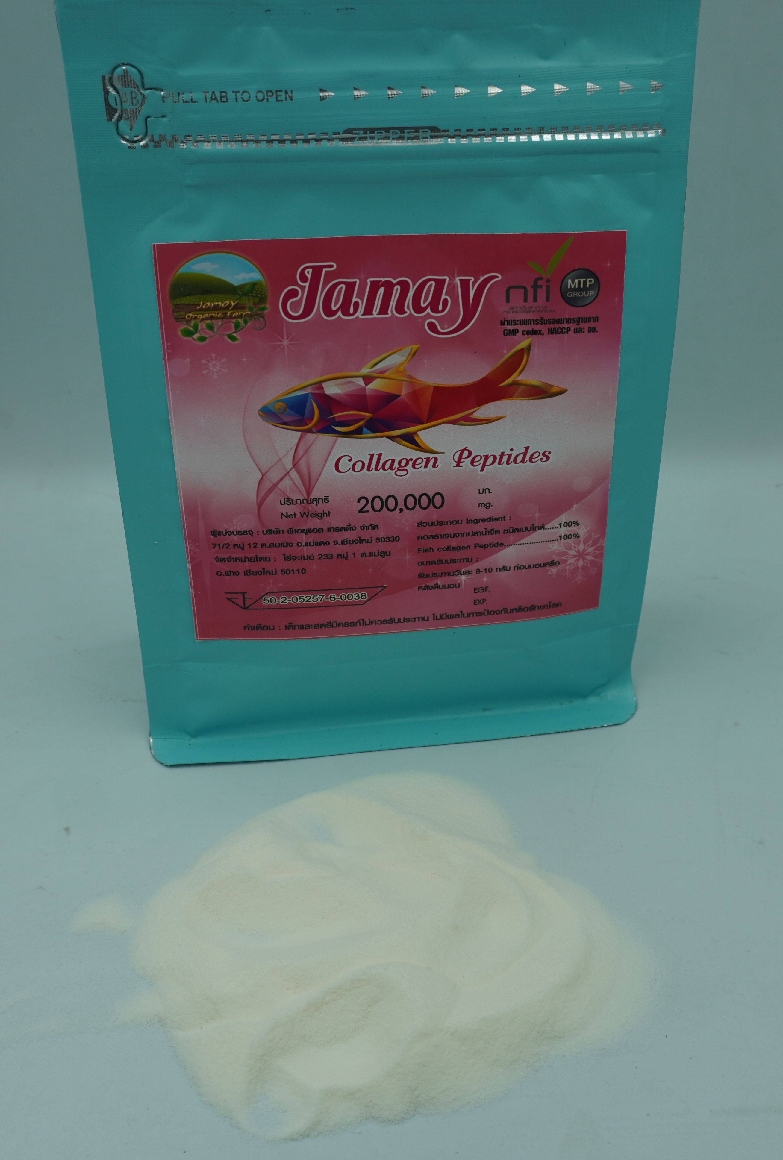 คุ้มสุด ๆ !!! คอลลาเจน เปปไทด์ Jamay Collagen ผลิตปลาน้ำจืด นำเข้าจากเกาหลี คอลลาเจน เปปไทด์ 200,000 มิลลิกรัม (200 g.) ทานได้ประมาณ 1-2 เดือน รับประทานเพียงวันละ 1 -1.5 ช้อนชาต่อวัน ผ่านการรับรองมาตรฐานสากลจาก GMP codex, HACCP และ อย.