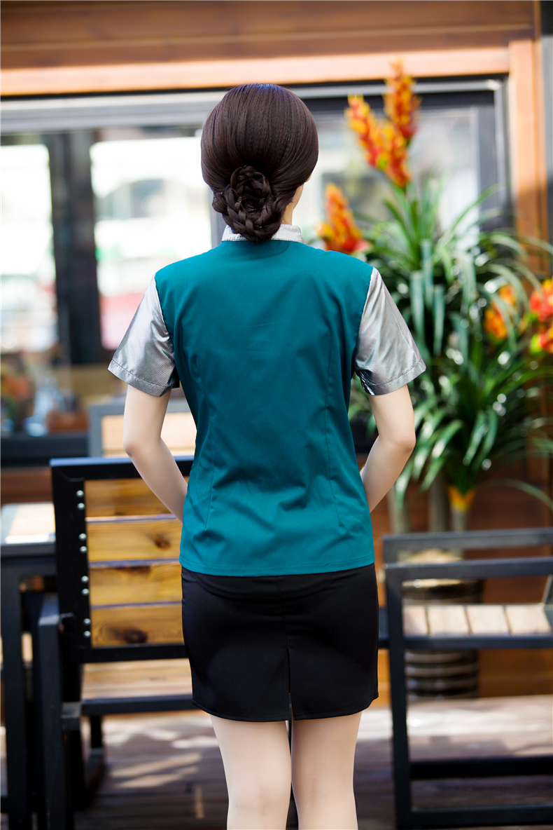 F5906002 เครื่องแบบชุดฟอร์มพนักงานร้านอาหารกาแฟโรงแรม แขนสั้นผ้าฝ้ายกระดุมหน้า (พรีออเดอร์) รอสินค้า 3 อาทิตย์หลังโอน F5906002 ตัว