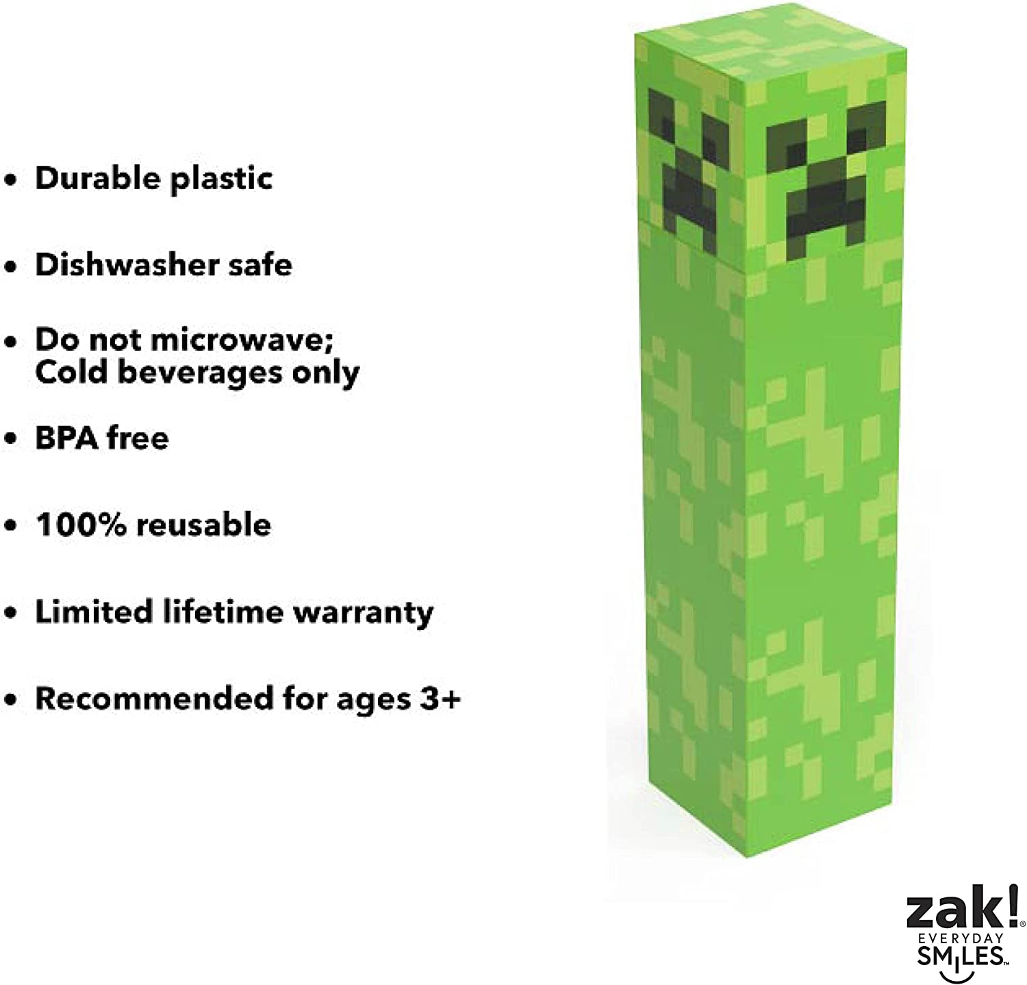ขวดน้ำทรงสี่เหลี่ยม Zak Designs Creeper Minecraft (22oz, พลาสติก, Non BPA) ราคา 1190 - บาท