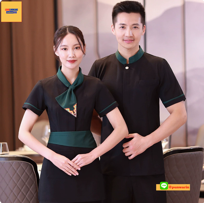 เสื้อพนักงานต้อนรับ เสื้อพนักงานเสริฟ เสื้อพนักงานโรงแรม เสื้อพนักงานร้านอาหาร เสื้อพนักงานซุปเปอร์มาร์เก็ต เสื้อพนักงานร้านกาแฟ ดำ ขาว L-4XL F6802002 เสื้อ+ผ้ากันเปื้อน