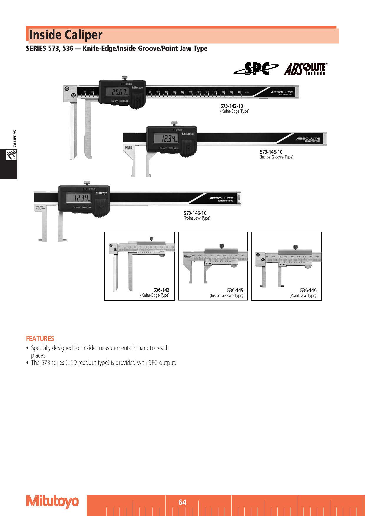 Inside Caliper SERIES 573, 536 — Knife-Edge/Inside Groove/Point Jaw Type