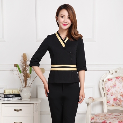 ชุดพนักงานนวดสปา ชุดพนักงานเสริมสวย ชุดทำงาน ชุดสูท ชมพู ม่วง ดำ S-3XL S6203011 ชุด