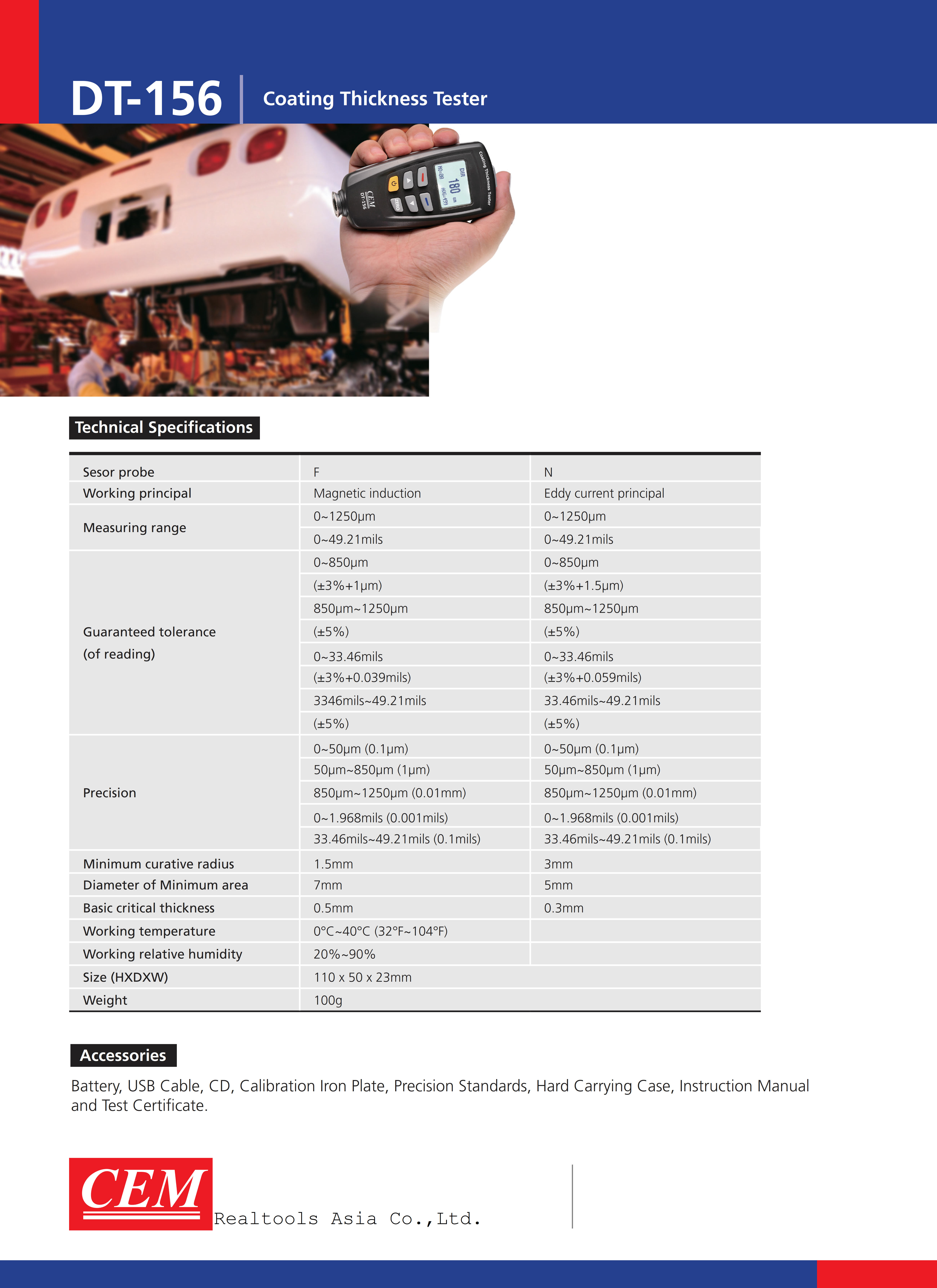 CEM รุ่นDT-156เครื่องวัดความหนาเคลือบ,Coating thickness tester,meas.range:0~1250µm(F/N)