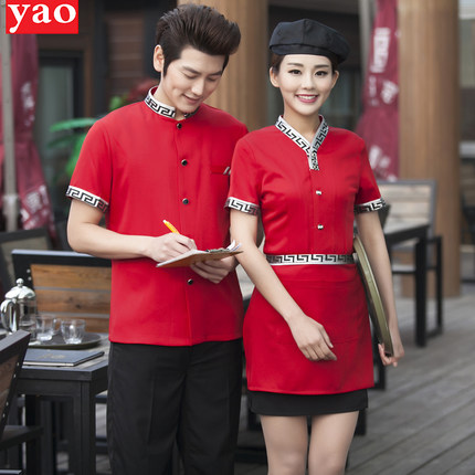 F5906006 เครื่องแบบชุดฟอร์มพนักงานร้านอาหารกาแฟโรงแรม แขนสั้นผ้าฝ้ายกระดุมหน้า (พรีออเดอร์) รอสินค้า 3 อาทิตย์หลังโอน F5906006 ตัว