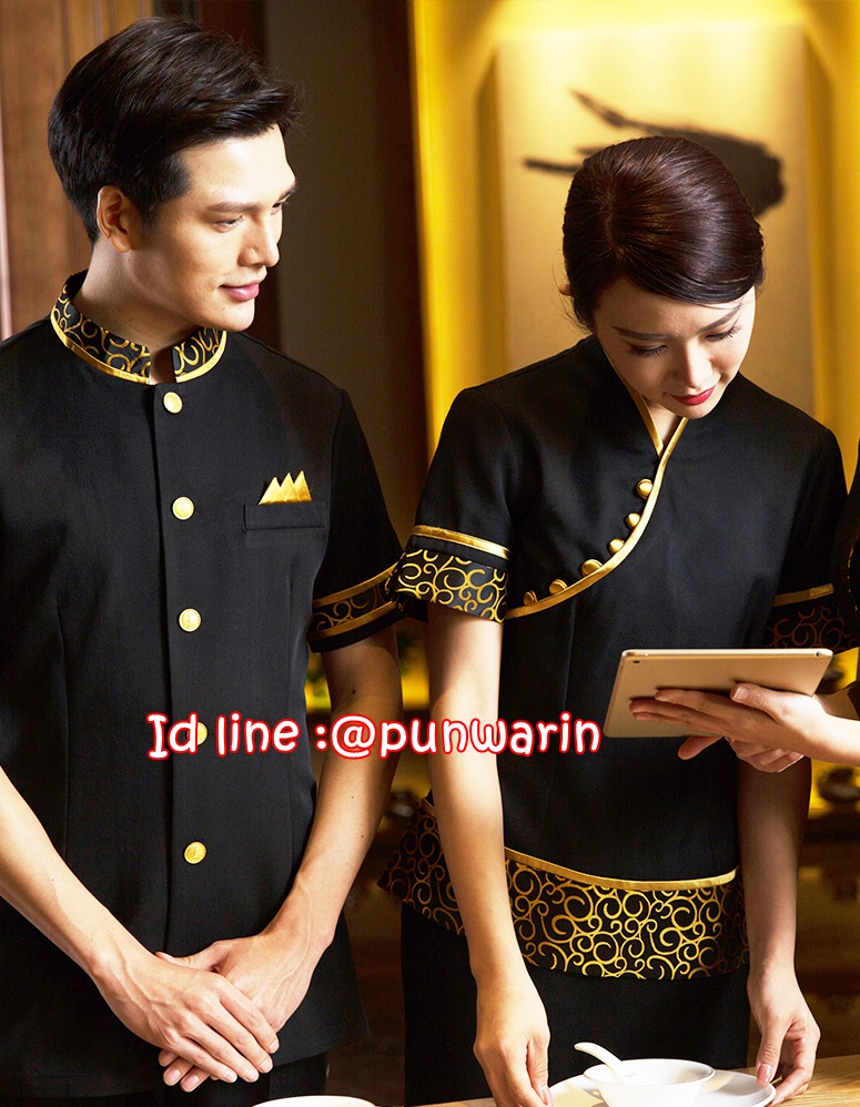 เครื่องแบบชุดฟอร์มพนักงานร้านอาหารกาแฟโรงแรม แขนสั้นผ้าฝ้ายคอจีน ดำ S-2XL F6008003 ตัว