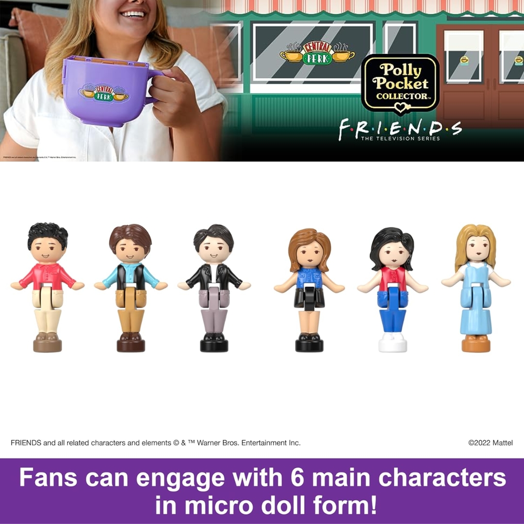 นำเข้า 🇺🇸 "เปิดฉากความทรงจำใน Central Perk! 🖼️ Polly Pocket Friends Compact ชุดนี้มีครบ! ตุ๊กตาจิ๋ว 6 ตัว พร้อมอุปกรณ์เสริม 9 ชิ้นที่ทำมาเพื่อ Recreate ฉากเด็ด ๆ