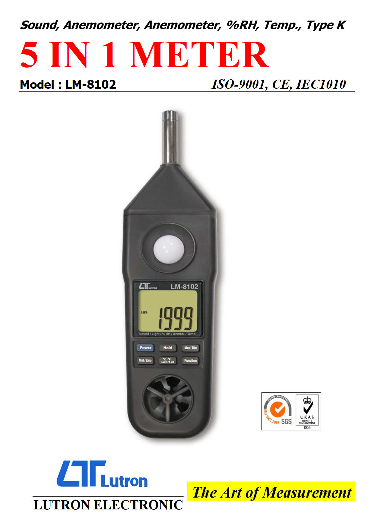 Lutron รุ่นLM-8102เครื่องวัดความเร็วลม,Anemometer Digital(5-1)Anemometer,Temperature,Humidity,Sound Level Meter,Light Thermometer