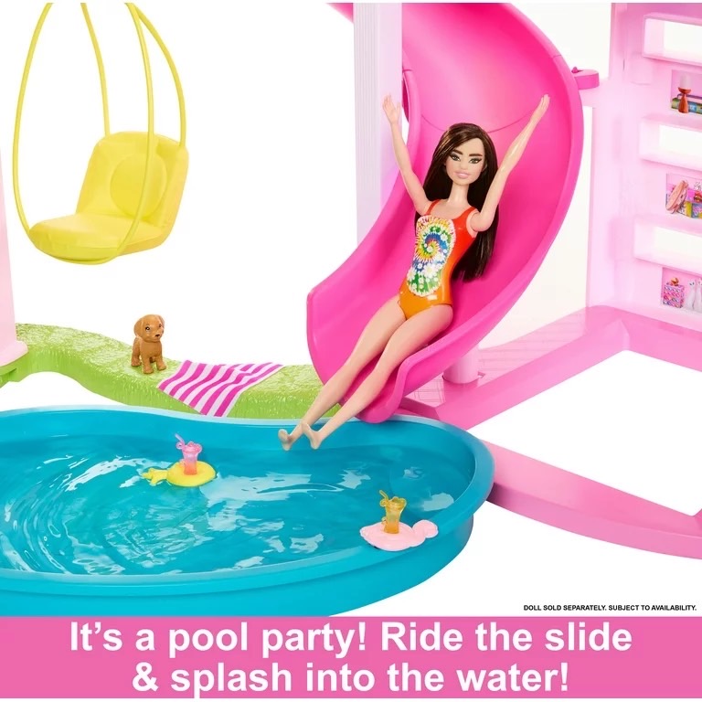 นำเข้า🇺🇸 บ้านตุ๊กตาบาร์บี้แบบในหนัง Barbie Dreamhouse 2023, Pool Party Doll House with 75+ Pieces and 3-Story Slide, Barbie House Playset, Pet Elevator and Puppy Play Areas, ราคา 12,900 บาท