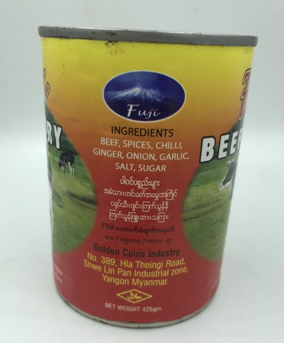 เนื้อกระป๋อง ยี่ห้อ Fuji Stewed Beef เนื้อวัวกระป๋อง Burmese food อาหารแคมป์ปิ้ง camping เนื้อกระป๋องพม่า ขนาดบรรจุ 425 กรัม ฺBeef Curry อาหารพม่า เนื้อสัตว์กระป๋อง อาหารกระป๋องจากพม่า Canned Pork