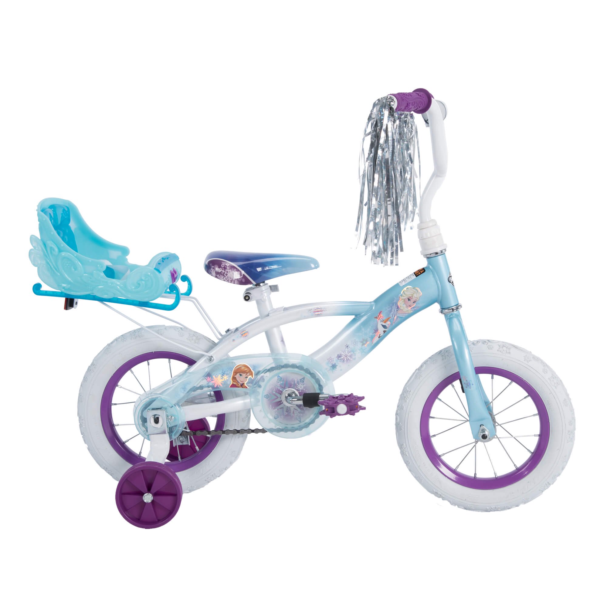 จักรยานเด็กลายเจ้าหญิงดิสนี่ย์ โฟรเซ่น Disney Frozen 12" Girls Bike with Doll Carrier by Huffy (สินค้านำเข้า USA) ขนาดล้อ 12 นิ้ว ยี่ห้อ Huffy สำหรับเด็ก 3-5 ขวบ