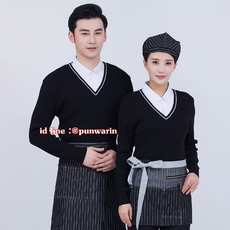 เสื้อพนักงานคาแฟ่ ร้านน้ำชา กาแฟ เสื้อพนักงานเสริฟแขนยาว แดง ดำ น้ำตาล กรมท่า ส้ม M-4XL F6211004 เสื้อ+ผ้ากันเปื้อน