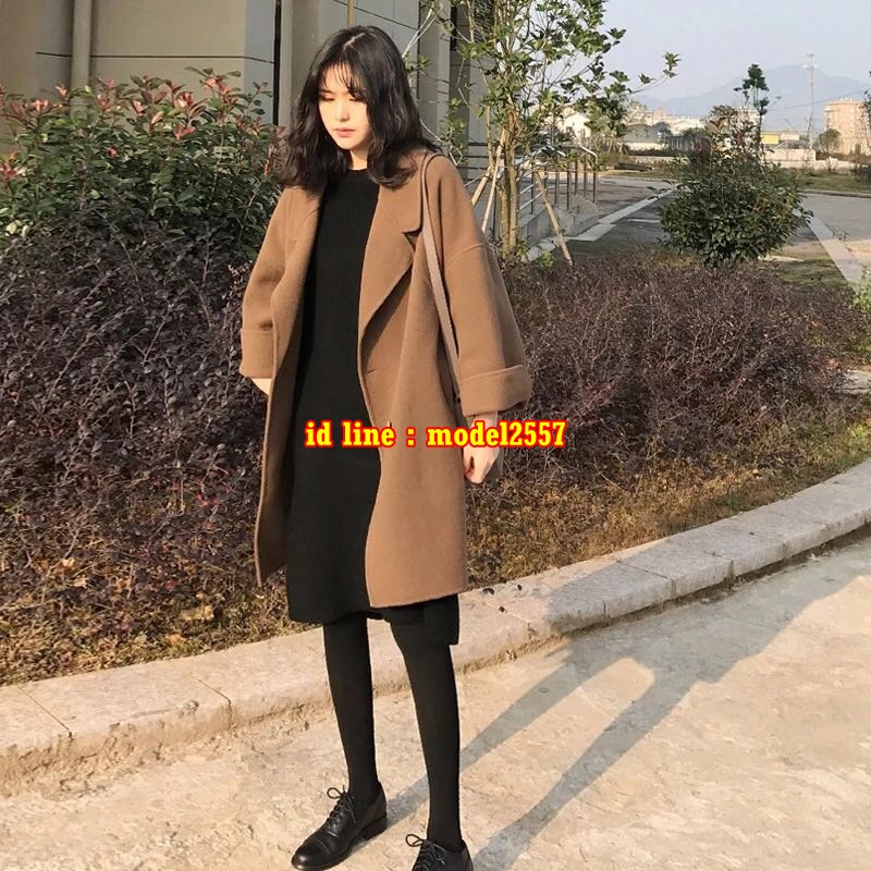 CW6110004 เสื้อโค้ทผ้าผสมขนสัตว์สีน้ำตาลตัวยาวฤดูหนาว ปกเชิ้ตทรงหลวม ดำ น้ำตาล S M L XL CW6110004 ตัว