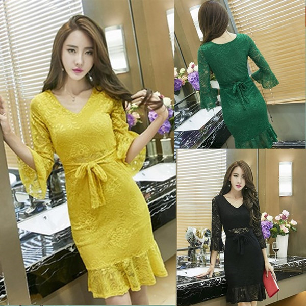 RP5911039 ชุดเดรสลูกไม้คอวีแขนยาวเข้ารูปเกาหลีแซ็กซี่(พรีออเดอร์) RP5911039 ตัว
