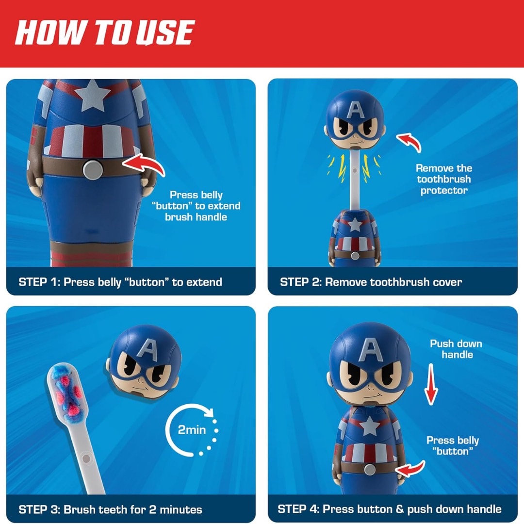 นำเข้า 🇺🇸 ✨แปรงฟันให้สนุกสนานด้วยแปรงสีฟัน Brush Buddies รุ่น Marvel Captain America Poppin’ขนนุ่มพิเศษ ราคา 690 บาท