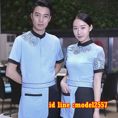 F6109003 เสื้อพนักงานต้อนรับพนักงานเสริฟเสื้อพนักงานโรงแรมนรีสอร์ทคอจีน ฟ้า ขาวแดง S M L,XL,XXLม3ปส F6109003 ตัว