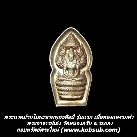 พระนาคปรกใบมะขามพุทธศิลป์ รุ่นแรก เนื้อทองแดงรมดำ พระอาจารย์เถ่ง วัดหนองกรับ จ.ระยอง