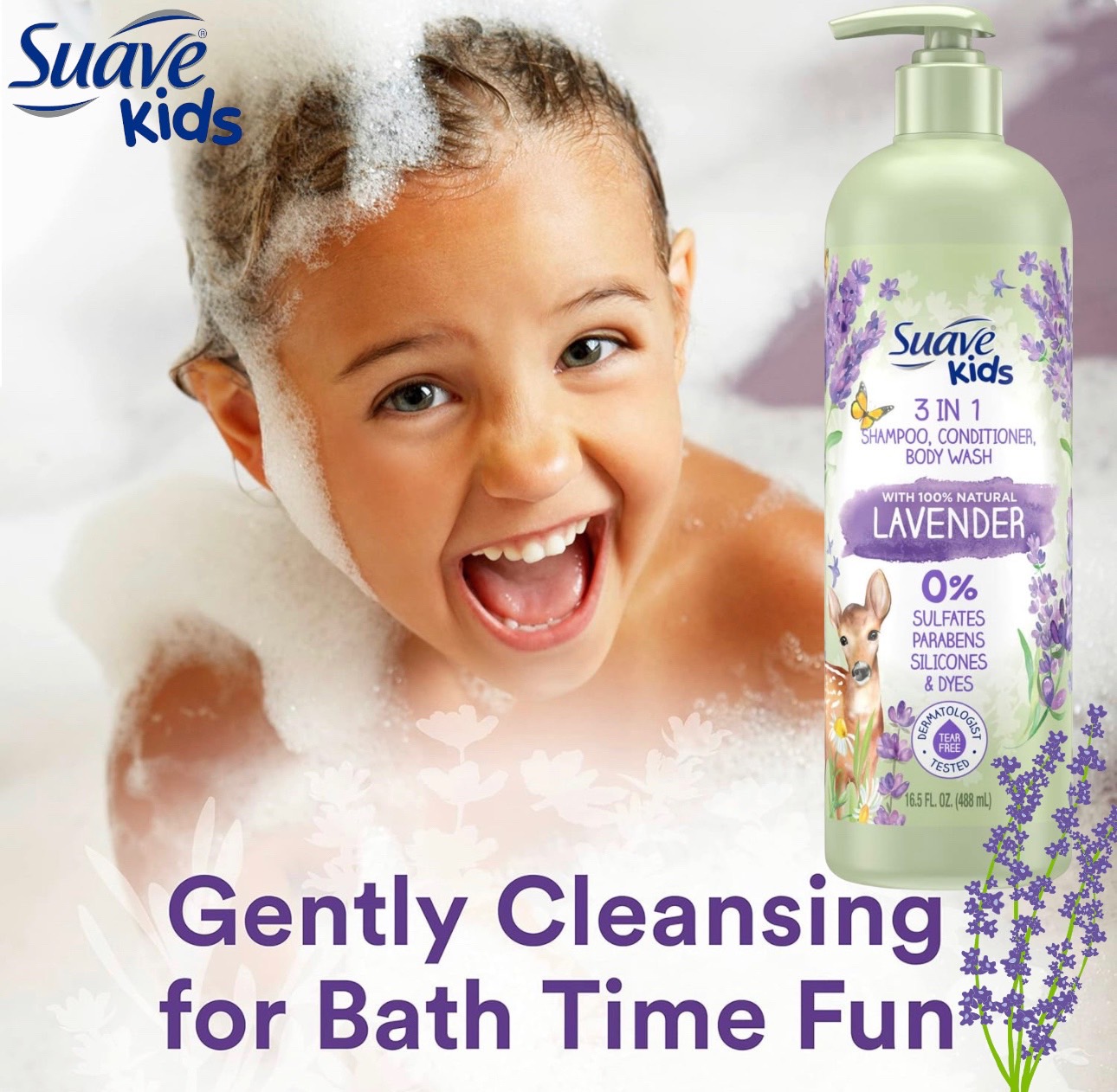 แชมพูเซิฟ คิดส์ 3in1 กลิ่น ลาเวนเดอร์ สูตรธรรมชาติ 100% Suave Kids' Naturals Lavender 3-in-1 Shampoo Conditioner & Body Wash - 16.5 fl oz