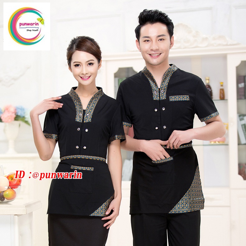 เสื้อฟอร์มพนักงานร้านอาหารกาแฟโรงแรม แขนสั้น แดง ดำ ม่วง L,XL,XXL,3XL F6404003 เสื้อ+กันเปื้อน