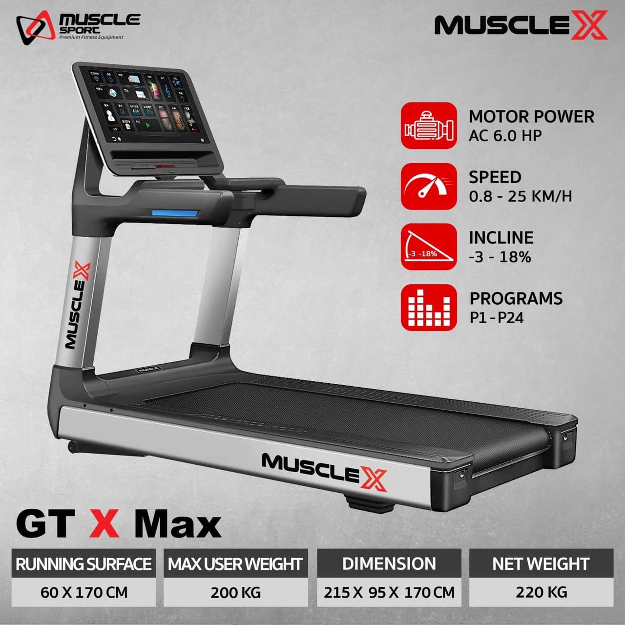 ลู่วิ่งไฟฟ้าMuscleX GT X Max Touch Screen ทัชสกรีน, ลู่วิ่งไฟฟ้ามอเตอร์AC, ลู่วิ่งไฟฟ้าฟิตเนส, ลู่วิ่งไฟฟ้าราคา
